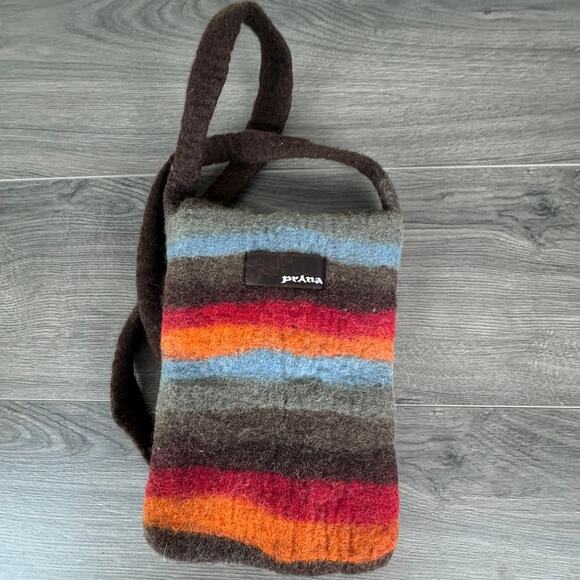 PrAna Striped Wool Boho Felt Crossbody Bag Orange Brown Gray Red Blue - Picture 3 of 7